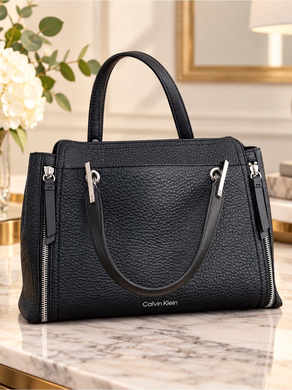 Calvin Klein Black Pebbled Handbag – Structured Satchel / Shoulder Bag